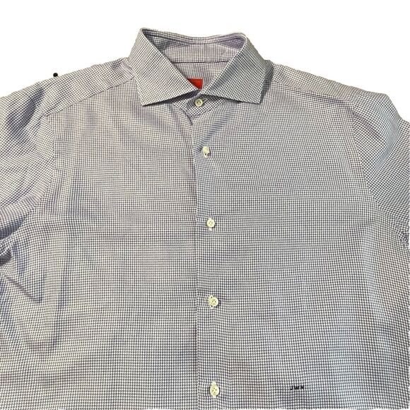 Isaia Napoli Button Up Shirt Mens XL/46 Blue LS Houndstooth Slim Modern Italy - Picture 1 of 9